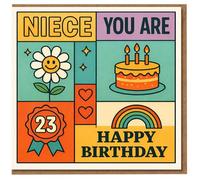 Tarjeta de cumpleaños número 23 para sobrina, diseño retro colorido de bloques con pastel, arco iris, margaritas y corazones, "Niece You Are 23 Happy Birthday"