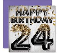 Tarjeta de cumpleaños número 24 para hombres, globos negros y dorados con purpurina, tarjetas de feliz cumpleaños para hombre de 24 años, hijo, hermano, tío primo, 145 mm x 145 mm, veinticuatro