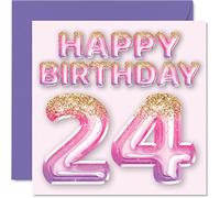 Tarjeta de cumpleaños número 24 para mujer, globos de purpurina rosa y morada, tarjetas de feliz cumpleaños para mujer de 24 años, hija, hermana, tía, prima, 145 mm x 145 mm, veinticuatro tarjetas de