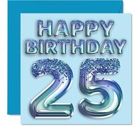 Tarjeta de cumpleaños número 25 para hombres, globo de fiesta con purpurina azul, tarjetas de feliz cumpleaños para hombre de 25 años, hermano, hijo, sobrino, tío, 145 mm x 145 mm, 25 tarjetas de