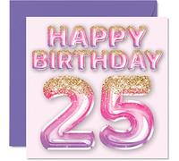 Tarjeta de cumpleaños número 25 para mujer, globos de purpurina rosa y morada, tarjetas de feliz cumpleaños para mujer de 25 años, hija, hermana, tía, prima, 145 mm x 145 mm, veinticinco tarjetas de