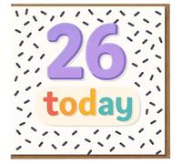 Tarjeta de cumpleaños número 26 hoy, color morado atrevido con colorido "today" y patrón de chispas de confeti, divertida tarjeta de cumpleaños número 26 para él, ella, amigos o familiares