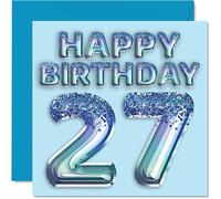 Tarjeta de cumpleaños número 27 para hombres, globo de fiesta con purpurina azul, tarjetas de feliz cumpleaños para hombre de 27 años, hermano, hijo, sobrino, tío, 145 mm x 145 mm, 27 tarjetas de