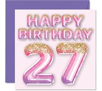 Tarjeta de cumpleaños número 27 para mujer, globos de purpurina rosa y morada, tarjetas de feliz cumpleaños para mujer de 27 años, hija, hermana, tía, prima, 145 mm x 145 mm, veintisiete tarjetas de