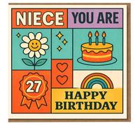 Tarjeta de cumpleaños número 27 para sobrina, diseño retro de bloques coloridos con pastel, margarita, corazones y arco iris, con texto en inglés "NIECE YOU ARE HAPPY BIRTHDAY"