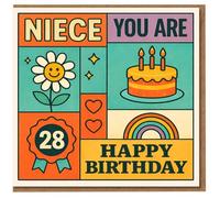 Tarjeta de cumpleaños número 28 para sobrina, diseño retro de margaritas, pasteles, corazones y arco iris, sobrina You are 28 Happy Birthday