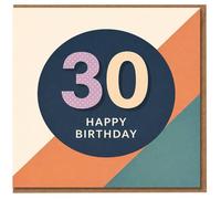 Tarjeta de cumpleaños número 30, círculo azul marino con lunares y números de rayas, diseño geométrico moderno, feliz cumpleaños