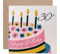 Tarjeta de cumpleaños número 30 de Milestone, Cheers to 30! - Pastel ilustrado a mano con flores vibrantes y velas - Estilo de impresión retro para un cumpleaños hito - Cuadrado de 145 mm, sobre