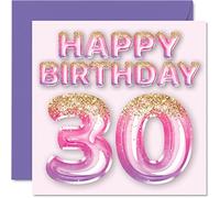 Tarjeta de cumpleaños número 30 para mujer, globos de purpurina rosa y morada, tarjetas de feliz cumpleaños para mujer de 30 años, amiga, hermana, madre, tía, 145 mm x 145 mm, tarjetas de felicitación