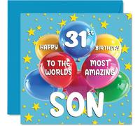 Tarjeta de cumpleaños número 31 para hijo - World's Most Amazing Son - Tarjeta de feliz cumpleaños número 31 para hijo de mamá papá, 145 mm x 145 mm, 31 años de edad, tarjetas de felicitación para