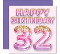 Tarjeta de cumpleaños número 32 para mujer, globos de purpurina rosa y morada, tarjetas de feliz cumpleaños para mujer de 32 años, amiga, hermana, madre, tía, 145 mm x 145 mm, tarjetas de felicitación