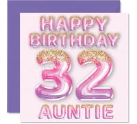 Tarjeta de cumpleaños número 32 para tía, globos de purpurina rosa y morada, tarjetas de feliz cumpleaños para tía de 32 años de sobrino sobrina, tarjetas de felicitación de cumpleaños de 145 mm
