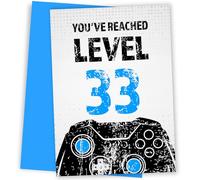 Tarjeta de cumpleaños número 33 para hombre, color negro y azul, alcanzó el nivel 33, tarjetas de cumpleaños para hijo, nieto, sobrino o hermano. Tarjeta de feliz cumpleaños para hombres de 33 años