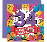 Tarjeta de cumpleaños número 34 con texto en inglés "Still Silly at 34", diseño audaz de arcoíris con confeti y globos, seguro que se reirá de toda la fiesta, cuadrado de 145 mm, sobre incluido