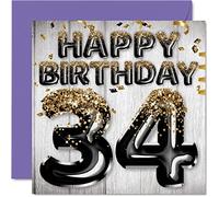 Tarjeta de cumpleaños número 34 para hombres, globos negros y dorados con purpurina, tarjetas de feliz cumpleaños para hombre de 34 años, amigo, hermano, papá, tío, 145 mm x 145 mm, 34 cumpleaños