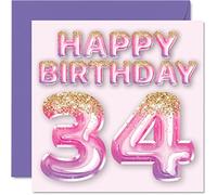 Tarjeta de cumpleaños número 34 para mujer, globos de purpurina rosa y morada, tarjetas de feliz cumpleaños para mujer de 34 años, amiga, hermana, madre, tía, tarjetas de felicitación de cumpleaños de