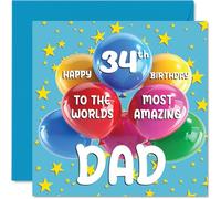 Tarjeta de cumpleaños número 34 para papá - World's Most Amazing Dad - Tarjeta de feliz cumpleaños 34 para papá de parte de hijo e hija, 145 mm x 145 mm, 34 años, tarjetas de felicitación para papá,