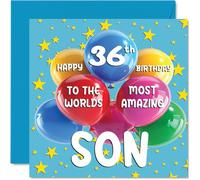 Tarjeta de cumpleaños número 36 para hijo - World's Most Amazing Son - Tarjeta de feliz cumpleaños 36 para hijo de mamá papá, 145 mm x 145 mm, 36 años de edad 36 y 36 tarjetas de felicitación para