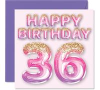 Tarjeta de cumpleaños número 36 para mujer, globos de purpurina rosa y morada, tarjetas de feliz cumpleaños para mujer de 36 años, amiga, hermana, madre, tía, 145 mm x 145 mm, tarjetas de felicitación