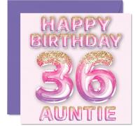 Tarjeta de cumpleaños número 36 para tía, globos de purpurina rosa y morada, tarjetas de feliz cumpleaños para tía de 36 años de sobrino y sobrina, tarjetas de felicitación de cumpleaños de 145 mm x