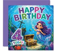 Tarjeta de cumpleaños número 4 con texto en inglés "Make a Splash on Their Big Day", colorida sirena y escena de aventura submarina, cuadrada de 145 mm, sobre incluido