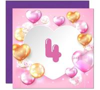 Tarjeta de cumpleaños número 4 para mujeres y niñas, con números de globos rosados, tarjeta de cumpleaños para niñas de 4 años, hija, cuarto, nieta, sobrina, prima, hermana