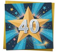 Tarjeta de cumpleaños número 40, diseño de estrella dorada, cielo nocturno azul, cuadrada, 145 mm x 145 mm, tarjeta de celebración para él, ella, amigo o colega, incluye sobre dorado