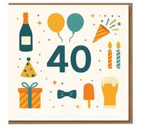 Tarjeta de cumpleaños número 40 - Divertidos iconos de fiesta con globos, velas, regalo y pinta - Tarjeta de celebración de cuarenta años para hombres o mujeres