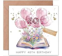 Tarjeta de cumpleaños número 40 para ella, tarjeta plegada, ilustración de acuarela de libro abierto, flores y globos que florecen de páginas, feliz 40 cumpleaños, interior en blanco para mujeres