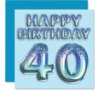 Tarjeta de cumpleaños número 40 para hombres, globo de fiesta con purpurina azul, tarjetas de feliz cumpleaños para hombre de 40 años, amigo, papá, hermano, tío, primo, 145 mm x 145 mm, tarjetas de