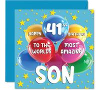 Tarjeta de cumpleaños número 41 para hijo - World's Most Amazing Son - Tarjeta de feliz cumpleaños número 41 para hijo de mamá papá, 145 mm x 145 mm, tarjetas de felicitación para hijo de 41 años y 41