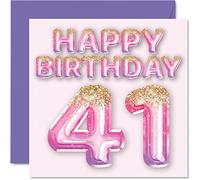 Tarjeta de cumpleaños número 41 para mujer, globos de purpurina rosa y morada, tarjetas de feliz cumpleaños para mujer de 41 años, mamá, prima, amiga, hermana, tía, 145 mm x 145 mm, tarjetas de