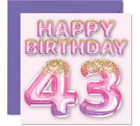 Tarjeta de cumpleaños número 43 para mujer, globos de purpurina rosa y morada, tarjetas de feliz cumpleaños para mujer de 43 años, mamá, prima, amiga, hermana, tía, tarjetas de felicitación de 145 mm