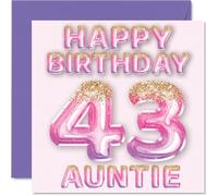 Tarjeta de cumpleaños número 43 para tía, globos de purpurina rosa y morada, tarjetas de feliz cumpleaños para tía de 43 años de sobrino sobrina, tarjetas de felicitación de cumpleaños de 145 mm x 145