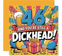 Tarjeta de cumpleaños número 46 con texto en inglés "A Proper Laugh for Their Big 46", diseño audaz y colorido con un toque descarado, cuadrado de 145 mm, sobre incluido