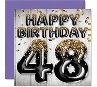 Tarjeta de cumpleaños número 48 para hombre, globos de purpurina negra y dorada, tarjetas de feliz cumpleaños para hombre de 48 años, papá, primo, amigo, hermano, tío, tarjetas de felicitación de 145