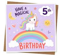 Tarjeta de cumpleaños número 5 para niña, tarjeta de cumpleaños de unicornio mágico con arco iris y bonito diseño pastel, felicitación para niños de 5 años