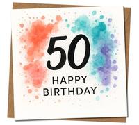 Tarjeta de cumpleaños número 50 - Diseño de salpicaduras de acuarela - Feliz cumpleaños - Tarjeta de hito 50 para él o ella - Hecho en Reino Unido 145 mm x 145 mm cuadrado, incluye sobre de papel