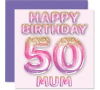 Tarjeta de cumpleaños número 50 para mamá, globos de purpurina rosa y morada, tarjetas de feliz cumpleaños para madre de hijo e hija, 145 mm x 145 mm, tarjetas de felicitación de cumpleaños de regalo