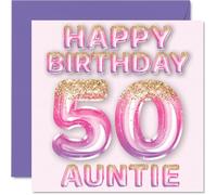 Tarjeta de cumpleaños número 50 para tía, globos de purpurina rosa y morada, tarjetas de feliz cumpleaños para tía de 50 años de edad, sobrino, sobrina, tarjetas de felicitación de cumpleaños de 145
