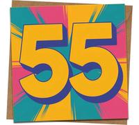 Tarjeta de cumpleaños número 55 para él o ella, diseño de arte pop brillante, tarjeta de felicitación cuadrada de 145 mm x 145 mm con sobre de papel kraft, divertido hito de 55 años, interior en