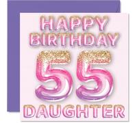 Tarjeta de cumpleaños número 55 para hija, globos de purpurina rosa y morada, tarjetas de feliz cumpleaños para hija de 55 años de parte de mamá, papá, padres, tarjetas de felicitación de cumpleaños