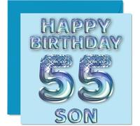 Tarjeta de cumpleaños número 55 para hijo, globos de fiesta con purpurina azul, tarjetas de feliz cumpleaños para hijo de 55 años de parte de mamá, papá, padres, tarjetas de felicitación de cumpleaños