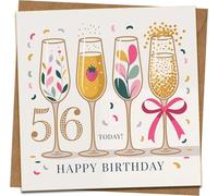 Tarjeta de cumpleaños número 56, diseño de confeti de copas de champán, feliz 56 hoy, tarjeta cuadrada de 145 mm x 145 mm con sobre de papel kraft para ella o él