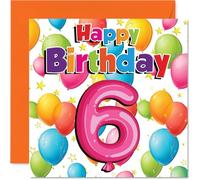 Tarjeta de cumpleaños número 6, diseño brillante y alegre para un día mágico, cuadrado de 145 mm, sobre incluido, globos coloridos y estrellas con un número 6