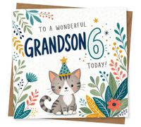 Tarjeta de cumpleaños número 6 para nieto, bonito diseño de fiesta de gato, para un maravilloso nieto 6 hoy