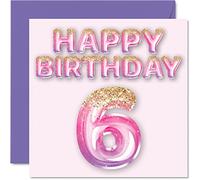 Tarjeta de cumpleaños número 6 para niñas, globos de purpurina rosa y morada, tarjetas de feliz cumpleaños para niñas de 6 años, hija, hermana, nieta, prima, 145 mm x 145 mm, tarjetas de felicitación