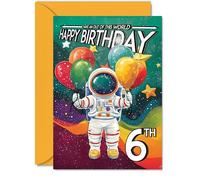 Tarjeta de cumpleaños número 6 para niño, traje espacial de astronauta, tarjeta de cumpleaños del espacio exterior para niñas de 6 años, tarjetas de felicitación de cumpleaños A5