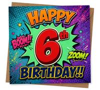 Tarjeta de cumpleaños número 6 para niños, estilo cómic, con diseño de boom y zoom