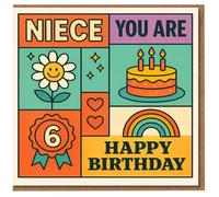 Tarjeta de cumpleaños número 6 para sobrina, con texto en inglés "NIECE YOU ARE 6 HAPPY BIRTHDAY", diseño colorido de arcoíris, pastel y margaritas